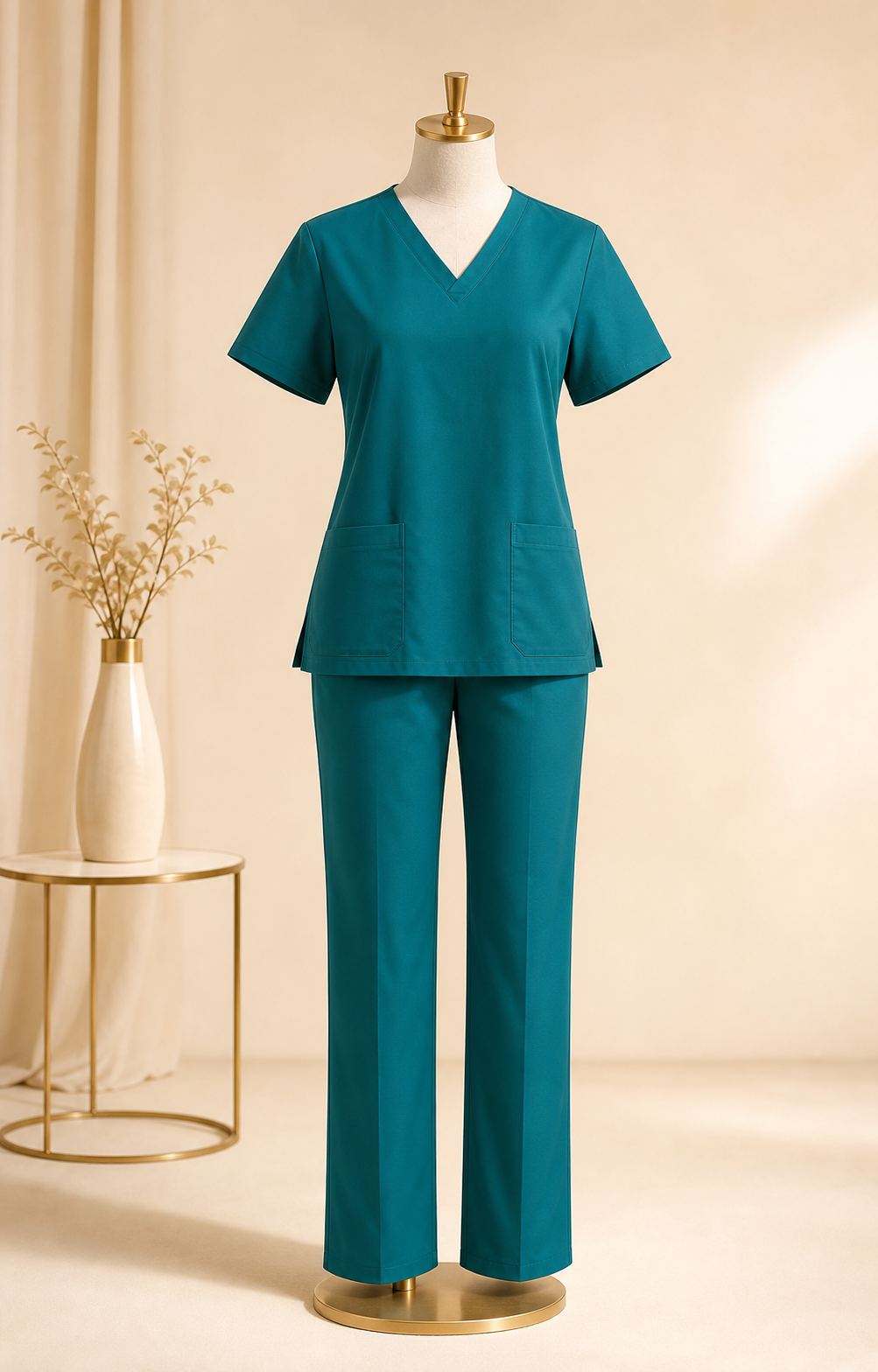 Design preview of teal healthcare scrubs on a mannequin